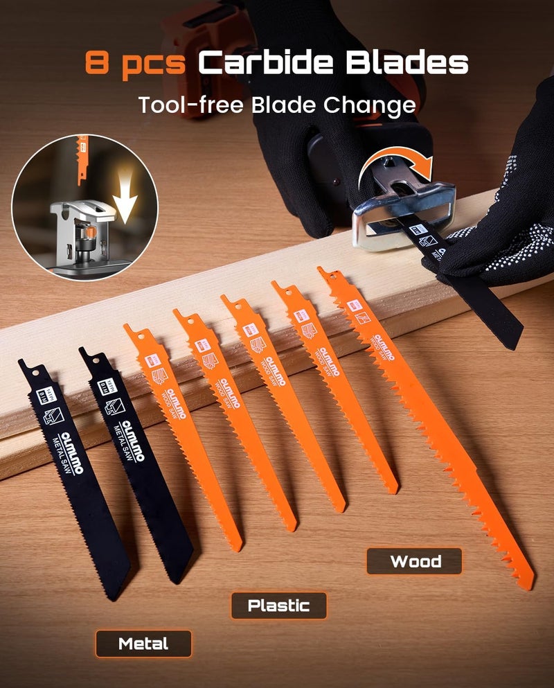 olmlmo Cordless Reciprocating Saw With 8 Blades – 2×4000mAh Batteries, Brushless Motor, Variable Speed 0‑3200 SPM, Tool‑Free Blade Change, Power Reciprocating Saw for PVC Wood, Metal Cutting DIY - Image 4